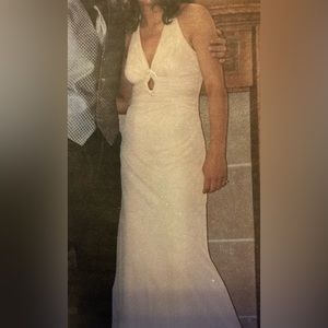 Betsy and Adam Formal Tan, Cream Colored Halter Gown Long Dress with Rhinestones